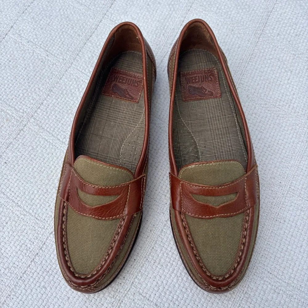 Women's 5.5 BASS Weejuns Vintage 1991 Olive Cognac Canvas Leather Penny Loafers